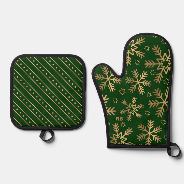 Green and Gold Christmas Oven Mitt & Pot Holder Set (Front)
