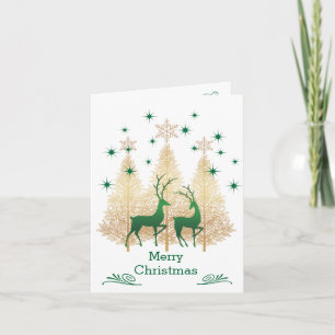 Green and gold Christmas tree, reindeer Card