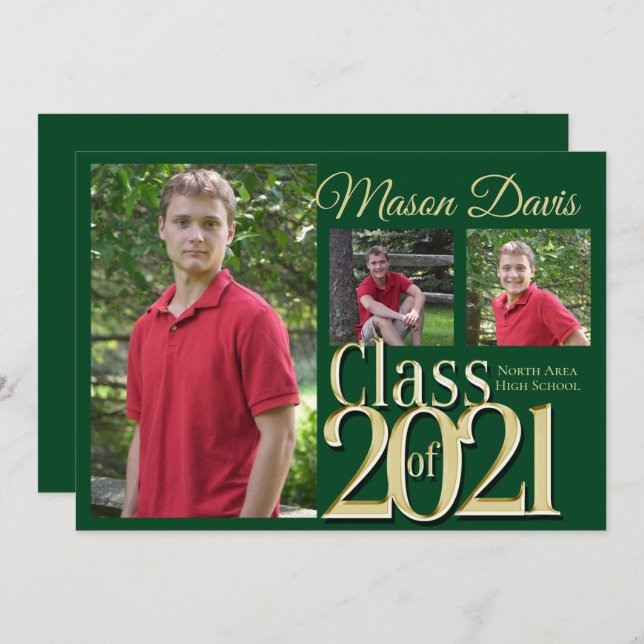 Green and Gold Class of 2021 Photo Graduation Invitation (Front/Back)