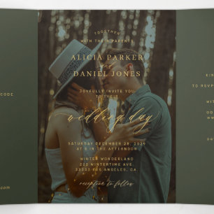 Green and gold classic photo wedding RSVP QR Tri-Fold Invitation
