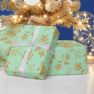Green and Gold Coloured Plants and Leaves Wrapping Paper