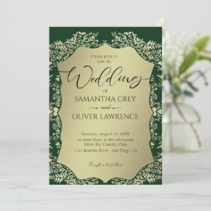 Green and Gold Damask Wedding Invitation