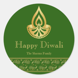 Green and Gold Diwali Party Favor Classic Round Sticker