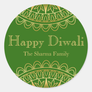 Green and Gold Diwali Party Favour Classic Round Sticker