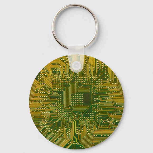 Green and Gold Electronic Computer Circuit Board Key Ring (Front)