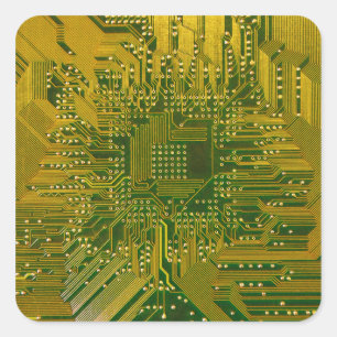 Green and Gold Electronic Computer Circuit Board Square Sticker