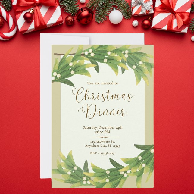 Green and Gold Elegant Christmas Dinner Invitation (Creator Uploaded)