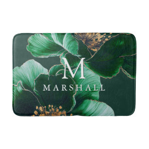 Green And Gold Elegant Floral Monogram Family Name Bath Mat