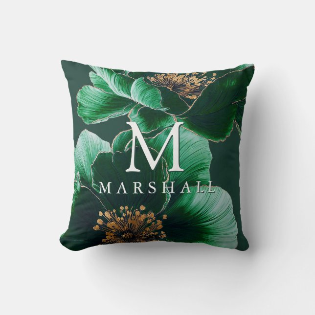 Green And Gold Elegant Floral Monogram Family Name Cushion (Front)