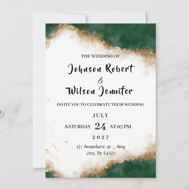 Green and Gold Elegant Wedding Invitation (Front)