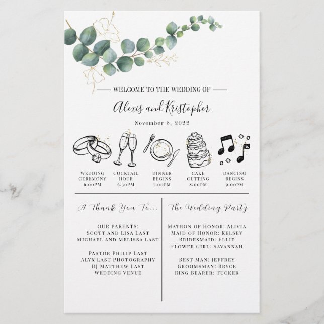 Green and Gold Elegant Wedding Itinerary Hand Out Stationery (Front)