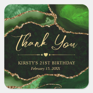 Green and Gold Faux Glitter Agate Birthday Party Square Sticker