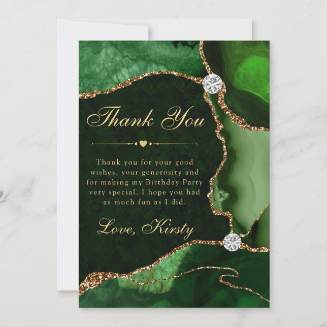 Green and Gold Faux Glitter Agate Birthday Party Thank You Card (Front)