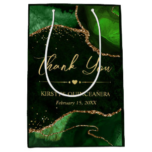 Green and Gold Faux Glitter Agate Quinceanera Medium Gift Bag