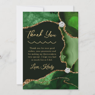 Green and Gold Faux Glitter Agate Quinceanera Thank You Card