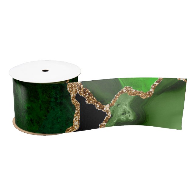 Green and Gold Faux Glitter Agate Satin Ribbon (Spool)
