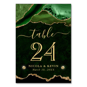 Green and Gold Faux Glitter Agate Wedding Table Number