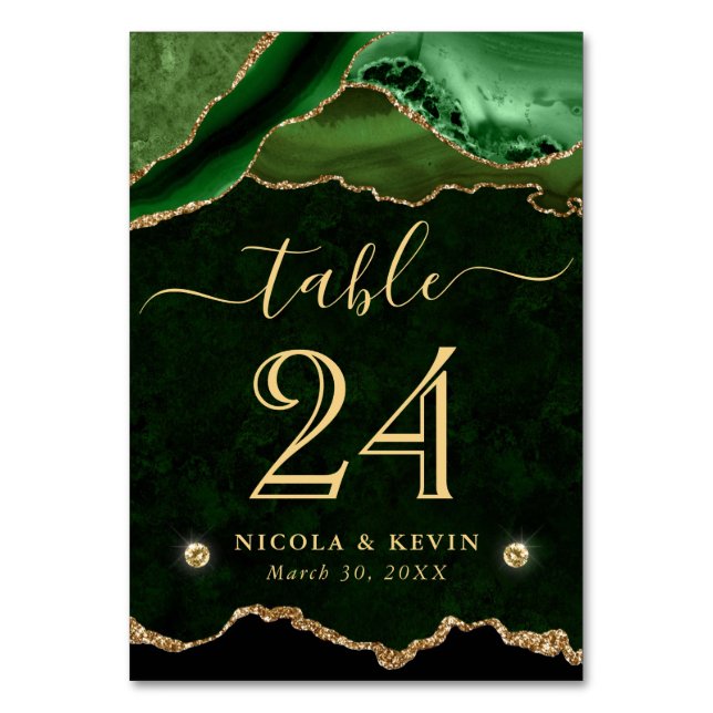 Green and Gold Faux Glitter Agate Wedding Table Number (Front)