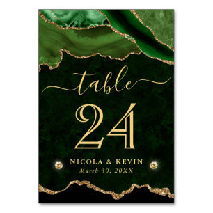 Green and Gold Faux Glitter Agate Wedding Table Number