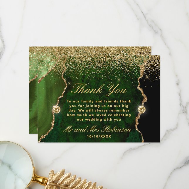 Green and Gold Faux Glitter Agate Wedding Thank You Card (Front/Back In Situ)