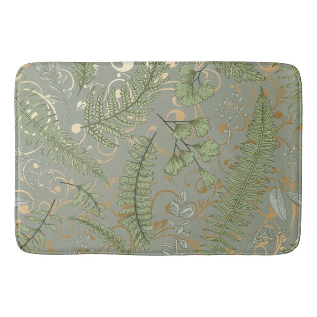 Green and Gold Fern Pattern Bath Mat (Front)