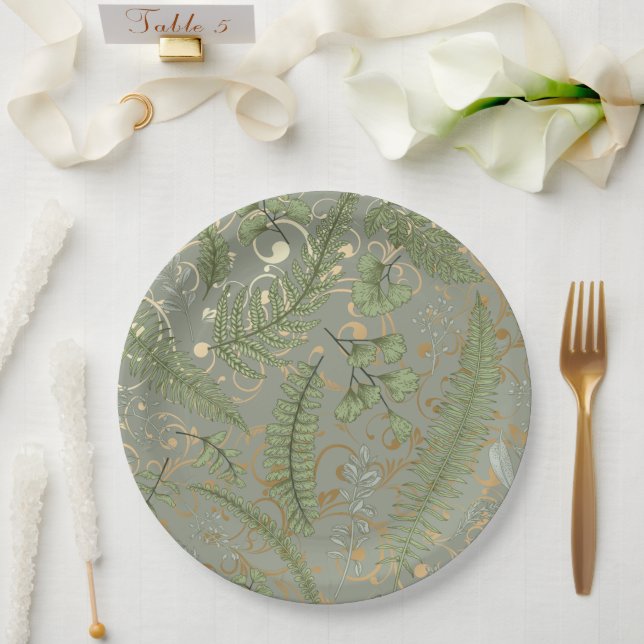 Green and Gold Fern Pattern Paper Plate (Wedding)