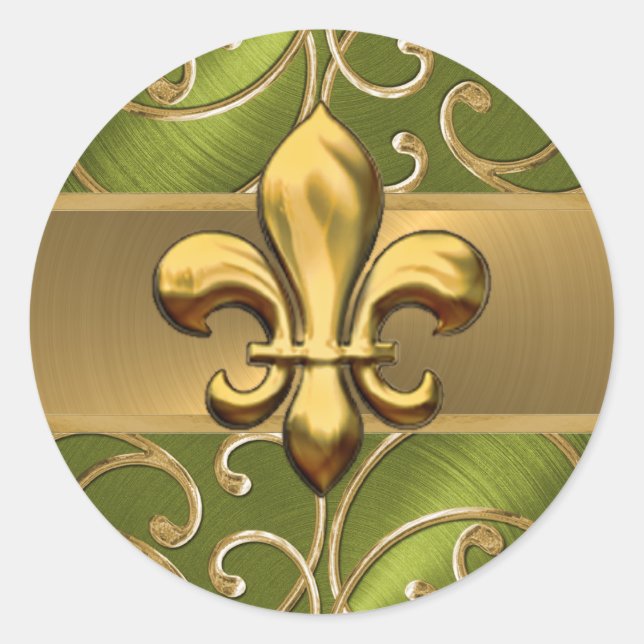 Green and Gold Filigree Swirls Fleur de Lis Classic Round Sticker (Front)