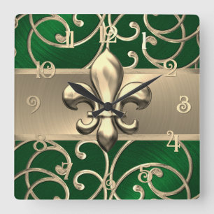 Green and Gold Filigree Swirls Fleur de Lis Square Wall Clock