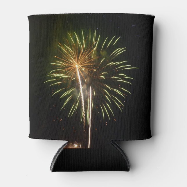 Green and Gold Fireworks Holiday Celebration Can Cooler (Front)