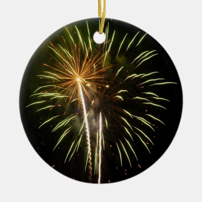Green and Gold Fireworks Holiday Celebration Ceramic Ornament (Front)