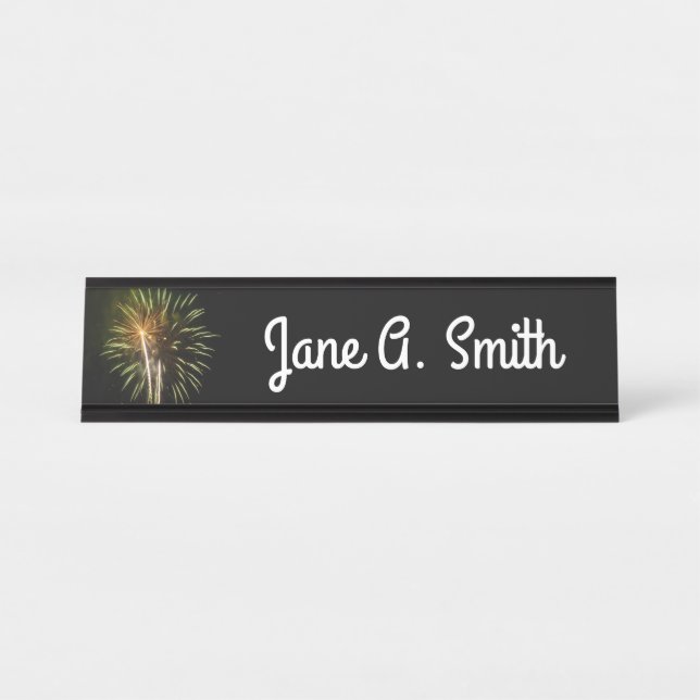 Green and Gold Fireworks Holiday Celebration Desk Name Plate (Front)