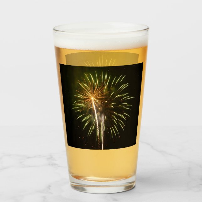 Green and Gold Fireworks Holiday Celebration Glass (Back Filled)