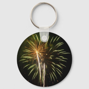 Green and Gold Fireworks Holiday Celebration Key Ring