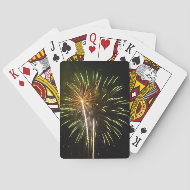 Green and Gold Fireworks Holiday Celebration Playing Cards (Back)