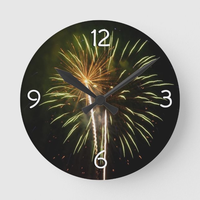 Green and Gold Fireworks Holiday Celebration Round Clock (Front)