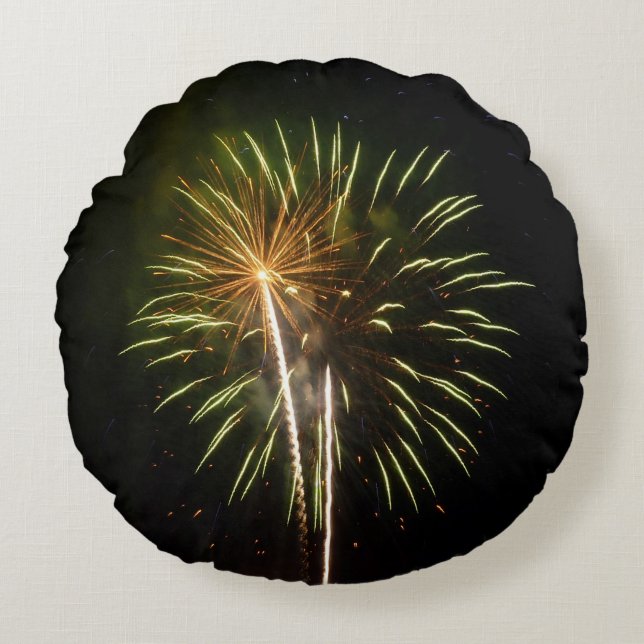 Green and Gold Fireworks Holiday Celebration Round Cushion (Front)