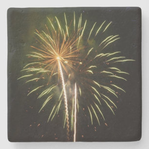 Green and Gold Fireworks Holiday Celebration Stone Coaster