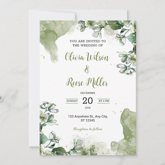 Green and Gold Floral Luxury Wedding Invitation (Front)