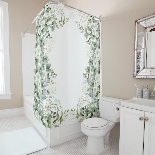 Green And Gold Floral Nature-Inspired  Shower Curtain (In Situ)