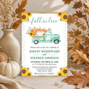 Green and Gold Floral Pumpkin Truck Fall Wedding Invitation