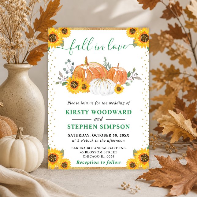 Green and Gold Floral Pumpkins Fall Wedding Invitation (Creator Uploaded)