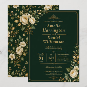 Green and Gold Floral Wedding Invitation