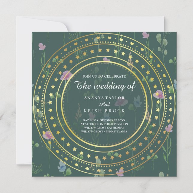 Green and Gold Floral, Wedding Invitation (Front)