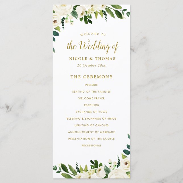 green and gold floral wedding program (Front)