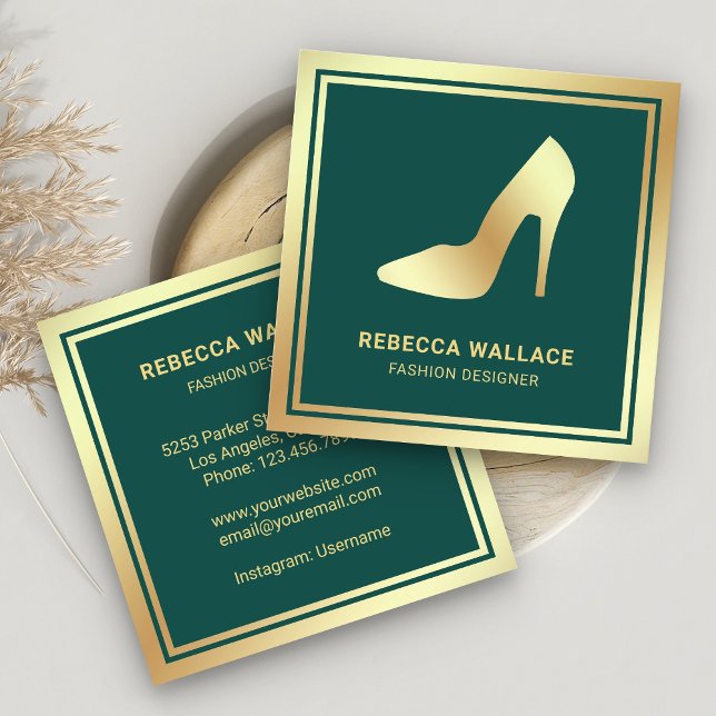 Green and Gold Foil High Heels Stilettos Square Business Card (Creator Uploaded)