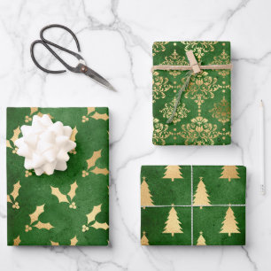 Green and Gold Foil Winter Christmas Patterns Wrapping Paper Sheet