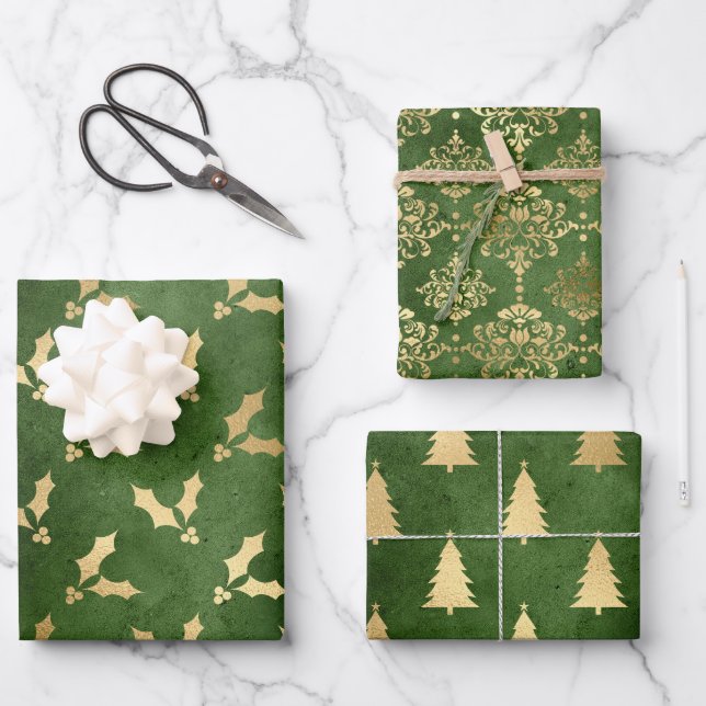 Green and Gold Foil Winter Christmas Patterns Wrapping Paper Sheet (Front)