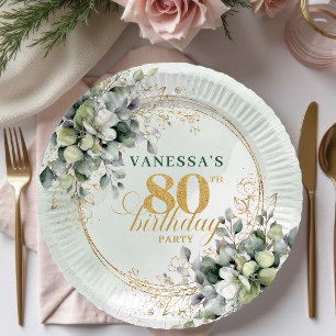Green And Gold Foliage 80th Birthday Boho Style Paper Plate