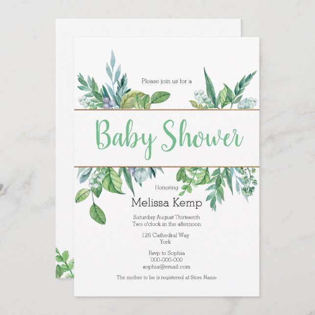 Green and Gold Foliage Baby Shower Invitation (Front/Back)