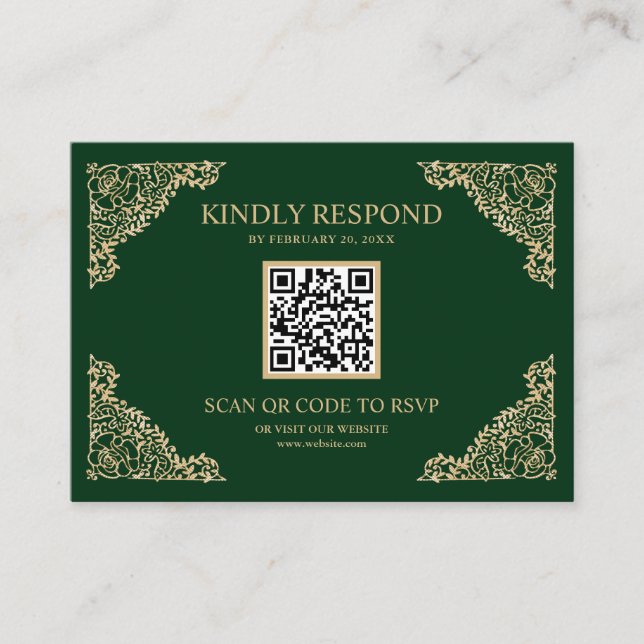 Green and Gold Frame QR Code RSVP Wedding Website Enclosure Card (Front)